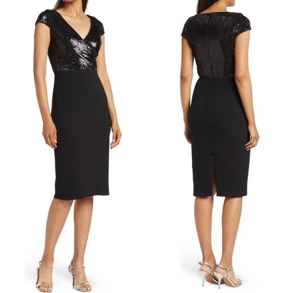 Dress The Population Black Sequin Jaleah Surplice Cap Sleeve Sheath Dress Size S - Picture 1 of 10